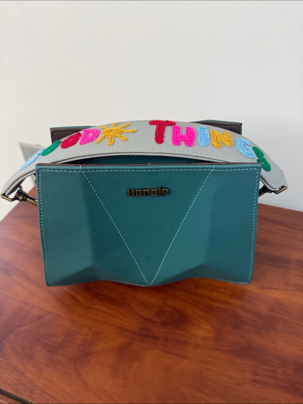 Teal Crossbody Bag with Embroidered Strap